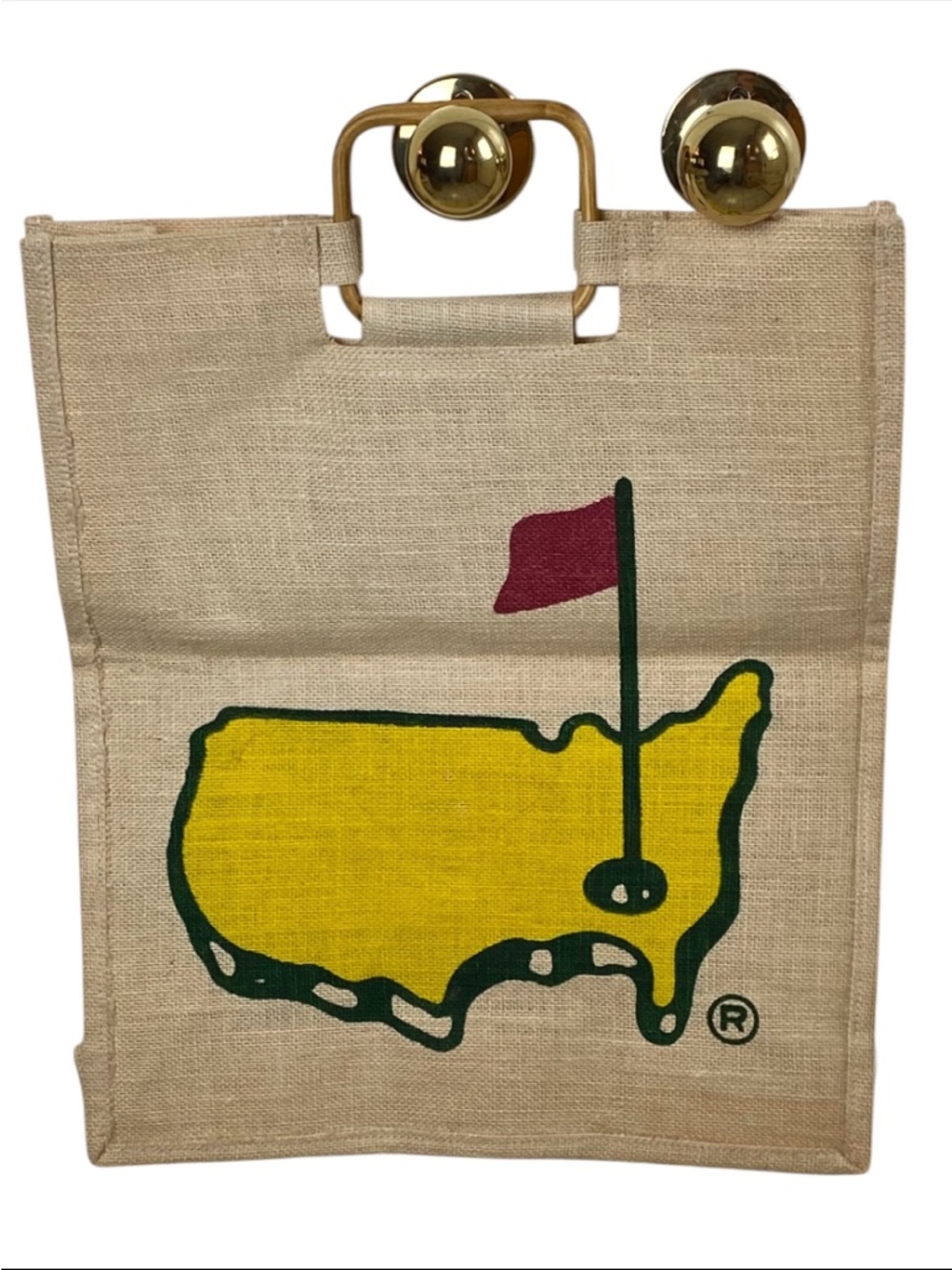 NWOT Vintage Masters Golf Logo Burlap Tote Bag with Bamboo Handles ~ 1